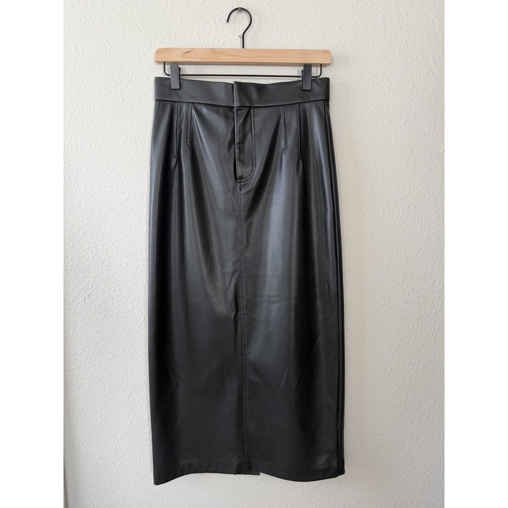 Zara Black Faux Vegan Leather Midi Pencil Skirt High Waist Back Slit Sz Small